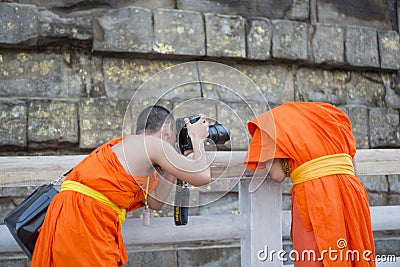 Monks near sarnath stupa Editorial Stock Photo