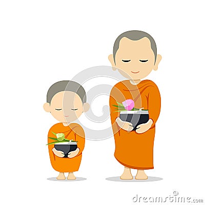 Monks and novices holding alms bowls, isolated on white background Vector Illustration