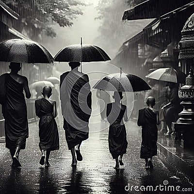 Monks and novices were walking with umbrellas on the street while it was raining with AI generated Stock Photo