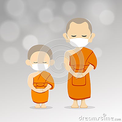 Monks and novices with white mask on airborne germs around background Vector Illustration