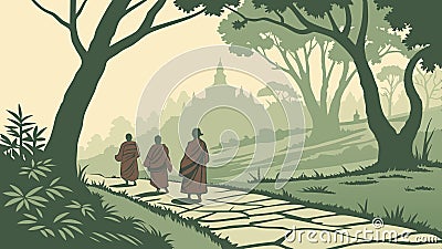 Monks walking path, Buddhist monks, and peaceful walk vector design Generative AI Vector Illustration