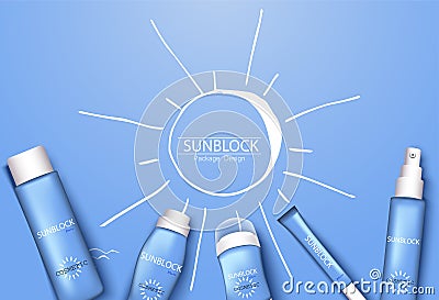 Mono-color blue trendy illustration, sun-protection cosmetics packaging design template. Sunscreen and sunblock cream, spray, milk Cartoon Illustration