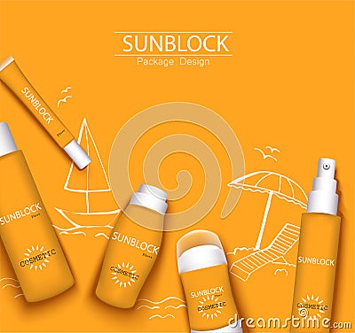 Mono-color orange trendy illustration, sun-protection cosmetics packaging design template. Sunscreen and sunblock cream, spray, Cartoon Illustration