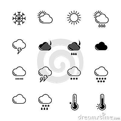 Mono line icons set. Weather symbols. Wind, rain and sunny illustrations Vector Illustration