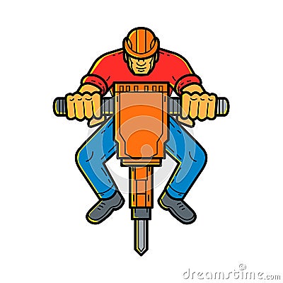 Construction Worker Jackhammer Mono Line Art Vector Illustration