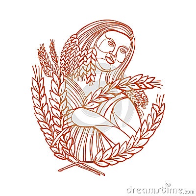 Demeter Goddess of Harvest Mono Line Vector Illustration