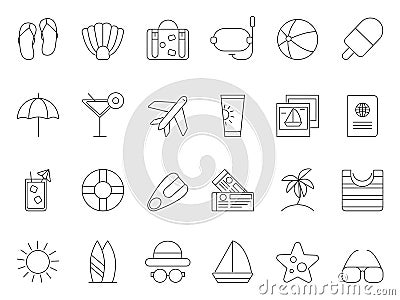 Mono line pictures of summer time theme. Vector icons set Vector Illustration