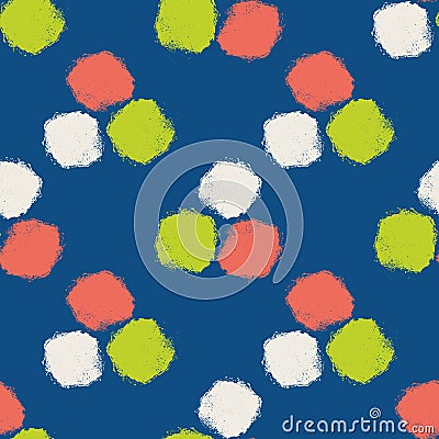 Mono print style circles seamless vector pattern background. Textured stamp effect orange, green, white groups of round Vector Illustration