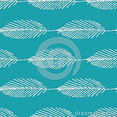 Mono print style leaves seamless vector pattern background. Horizontal rows of simple white lino cut effect foliage on Vector Illustration