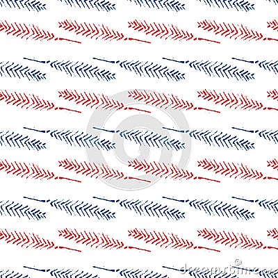 Mono print style narrow leaves seamless vector pattern background. Blue red white backdrop of parallel rows of lino cut Vector Illustration