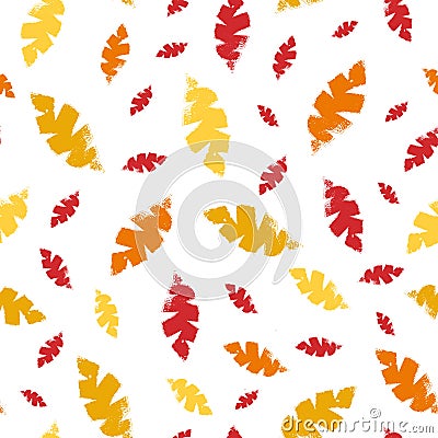 Mono print style scattered leaves seamless vector pattern background. Textured cut out yellow, red, orange foliage on Vector Illustration