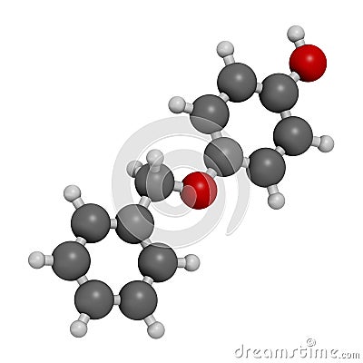 Monobenzone drug molecule. 3D rendering. Atoms are represented as spheres with conventional color coding: hydrogen white, carbon Stock Photo