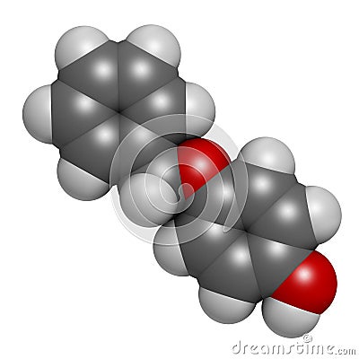 Monobenzone drug molecule. 3D rendering. Atoms are represented as spheres with conventional color coding: hydrogen white, carbon Stock Photo