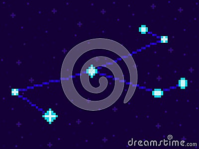 Monoceros constellation in pixel art style. 8-bit stars in the night sky in retro video game style. Cluster of stars and galaxies Vector Illustration