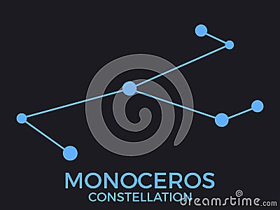 Monoceros constellation. Stars in the night sky. Cluster of stars and galaxies. Constellation of blue on a black background. Vector Illustration