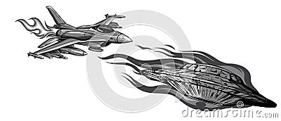 Monochromatic Battle star space from a ufo and airplane Vector Illustration