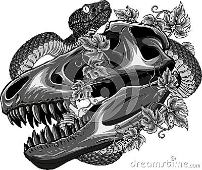 monochromatic dinosaur skull with snake and leaves Vector Illustration