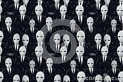 Monochromatic Extraterrestrial Portraits: Alien Faces and Torsos in Suits on Black Background with Galaxies Stock Photo