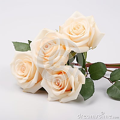 Monochromatic Harmony: Three Bunches Of Cream Roses On White Background Stock Photo