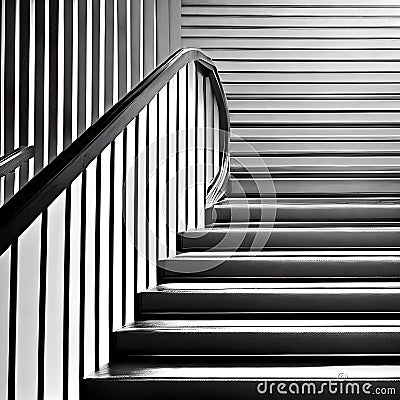 A monochromatic image of light and shadow on a staircase, creating an abstract play of depth and contrast2, Generative AI Stock Photo