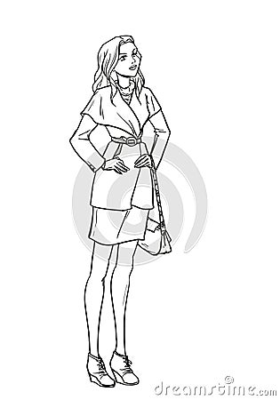 Monochromatic picture with lady in autumn clothes Vector Illustration