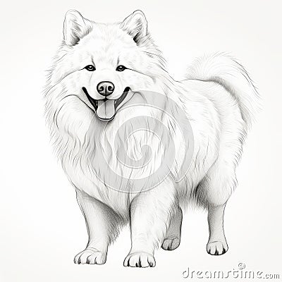 Monochromatic Samoyed Portrait Detailed Realism With Elegant Inking Techniques Cartoon Illustration