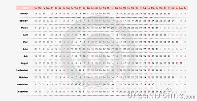 Monochromatic simple design of calendar 2020. Horizontal view. Vector Illustration