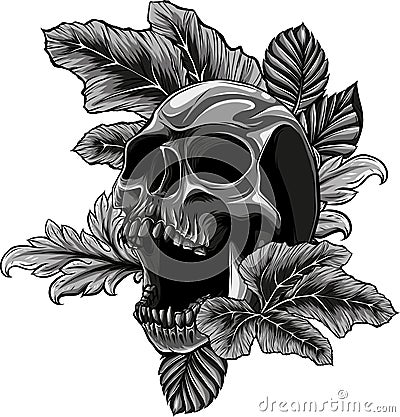 monochromatic Skull and leaves on white background Vector Illustration