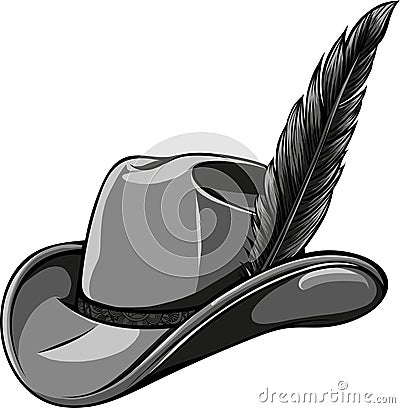 monochromatic Tyrolean hat with feather. Bavarian alpine headdress. German oktoberfest symbol. Vector Illustration