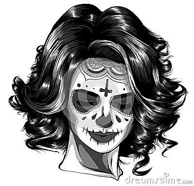 monochromatic Vector Black and White Skull Candy Girl Illustration Vector Illustration