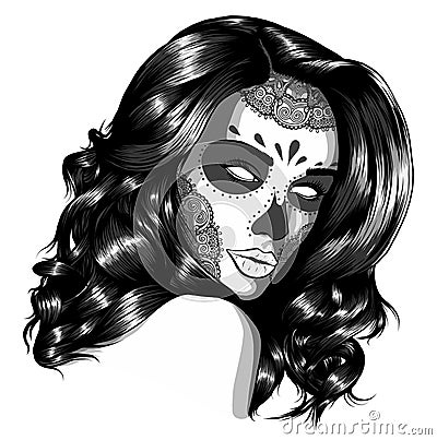 monochromatic Vector Black and White Skull Candy Girl Illustration Vector Illustration