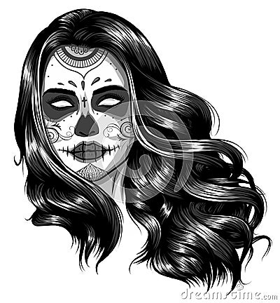 monochromatic Vector Black and White Skull Candy Girl Illustration Vector Illustration