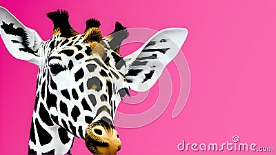 Monochrome African giraffe on a pink background with copy space. Head of a black and white giraffe close-up. Giraffe is a symbol Stock Photo