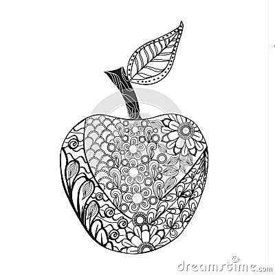 Monochrome Apple zentangle style for coloring book. Vector Illustration