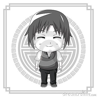 Monochrome background japanese symbol with silhouette cute anime tennager facial expression smile with eyes closed Vector Illustration