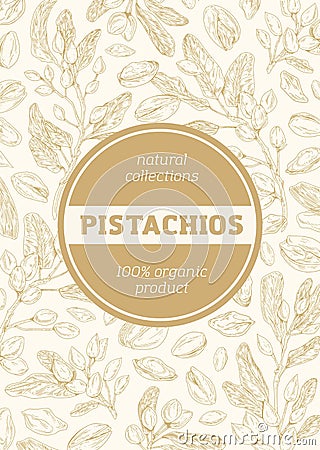 Monochrome background with pistachio pattern for packaging design. Vertical packing template with branches, leaves Vector Illustration