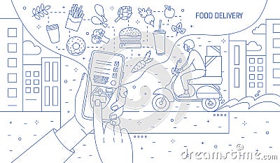 Monochrome banner with hands holding smartphone with food delivery service application or website, meals and courier boy Vector Illustration