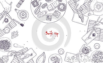 Monochrome banner template with table full of Japanese food and hands holding sushi, sashimi and rolls with chopsticks Vector Illustration