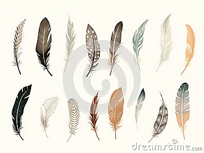 Monochrome bird feather boho vintage sketched art set Cartoon Illustration