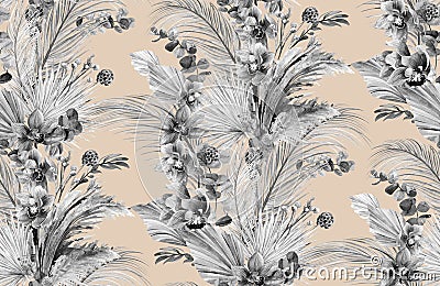 Monochrome black and white botanical motif with orchid flowers Stock Photo