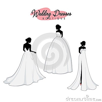 Monochrome Bridal Dress Boutique Logo Ideas Set, Fashion, Beautiful Bride, Vector Design Vector Illustration