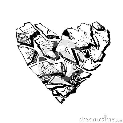 Monochrome broken heart with pen and ink drawing illustration Vector Illustration