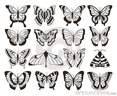 Monochrome butterflies. Black and white drawing, hand drawn tattoo shapes vintage collection. Vector butterfly isolated Vector Illustration