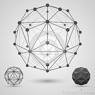 Monochrome carcass of connected lines and dots. Small triambic icosahedron geometric element. Vector Illustration