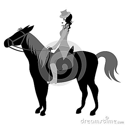 Monochrome cartoon vintage lady riding horse Vector Illustration