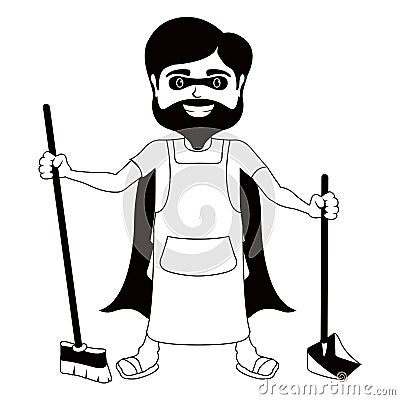 Monochrome character super dad cleaner with broom Vector Illustration