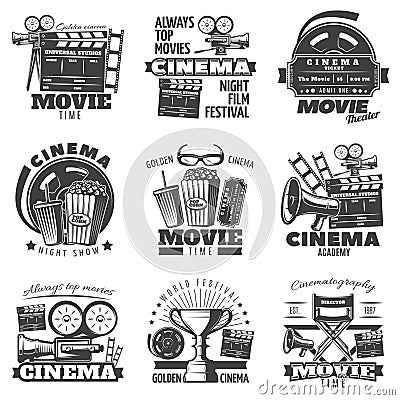 Monochrome Cinema Emblems Vector Illustration