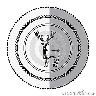 Monochrome circle with middle shadow sticker with reindeer with scarf Vector Illustration
