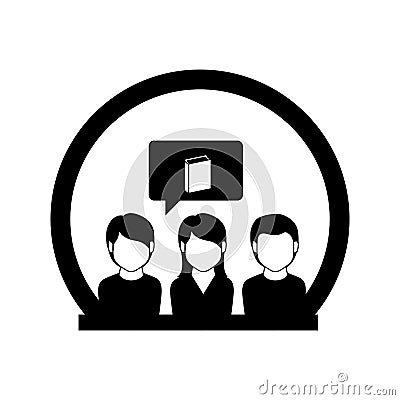 Monochrome circle with students thinking in book Vector Illustration