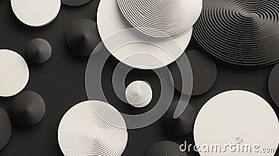 Monochrome circles of different sizes arranged in a clean pattern showcase minimalist abstract art through simple geometry, Stock Photo
